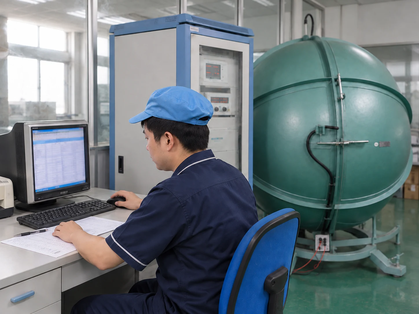Operator working at a computer beside a green spherical test enclosure and an instrument cabinet