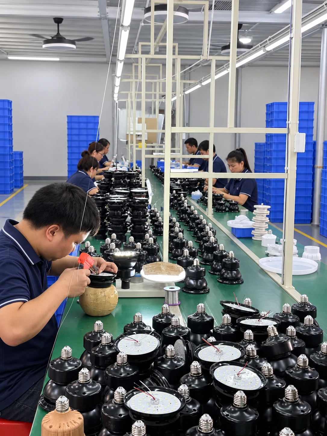Workers assembling E27 light housings and connecting circular LED boards along a production line