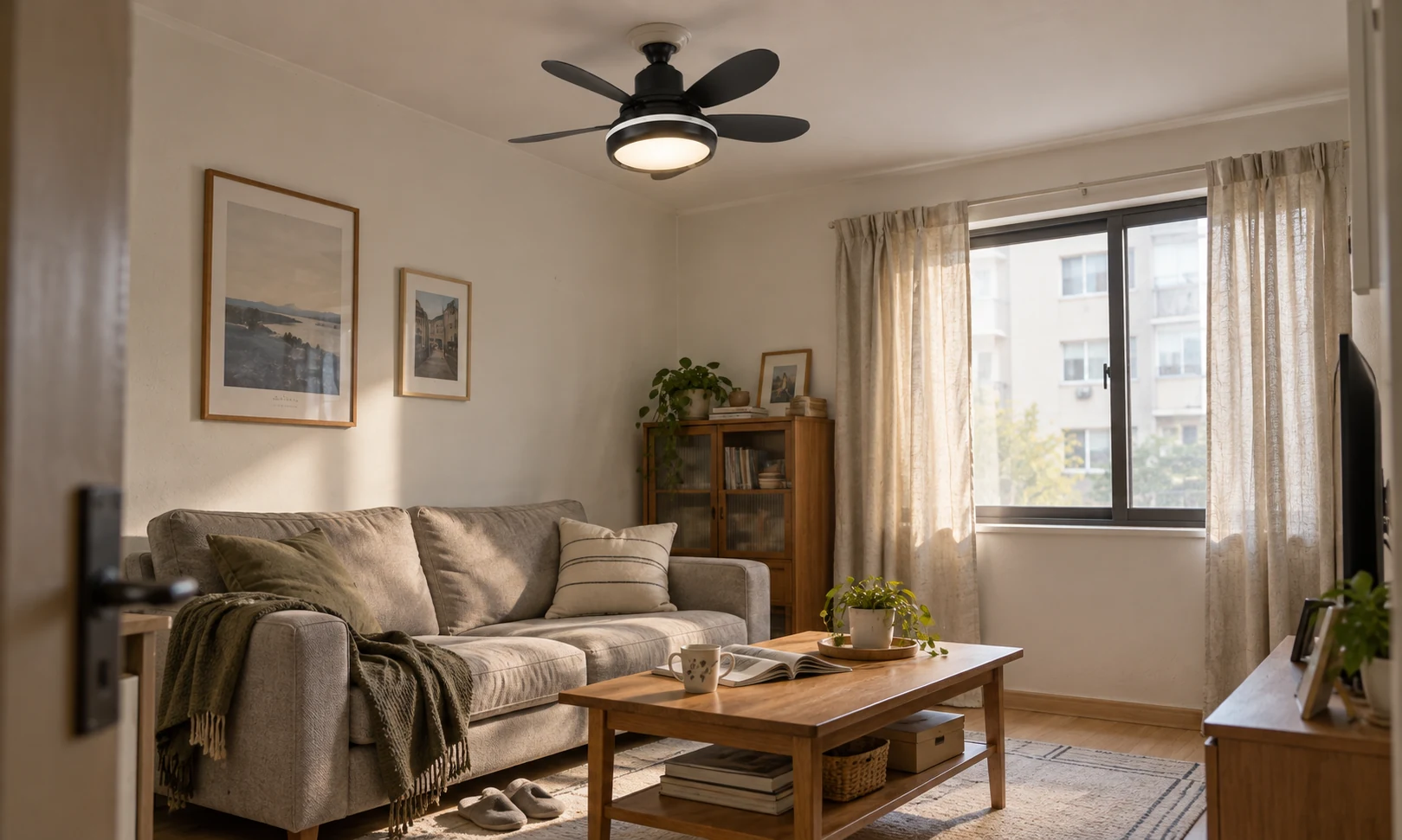 Illustrative apartment scene with a black five-blade fan light