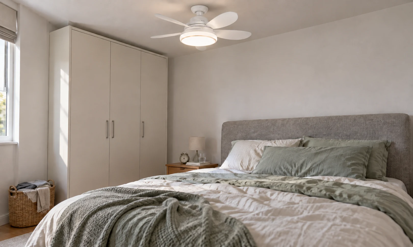 Illustrative bedroom scene with a white five-blade fan light