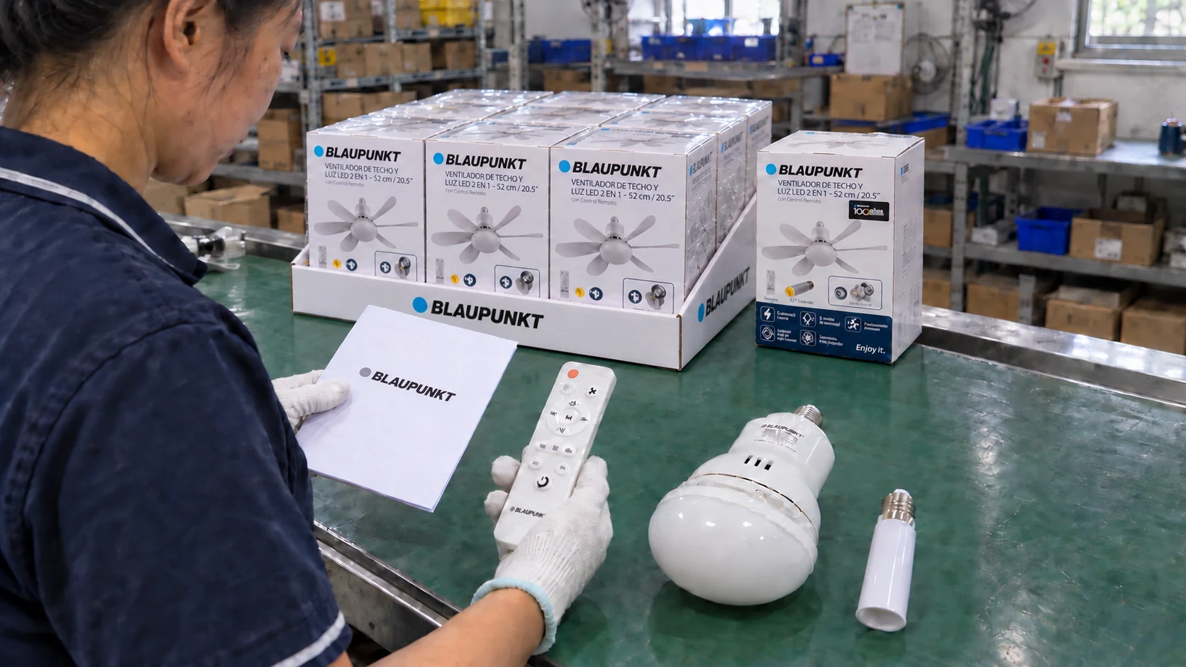 Edited packing scene showing a worker checking a fan-light manual and remote beside matching retail packaging