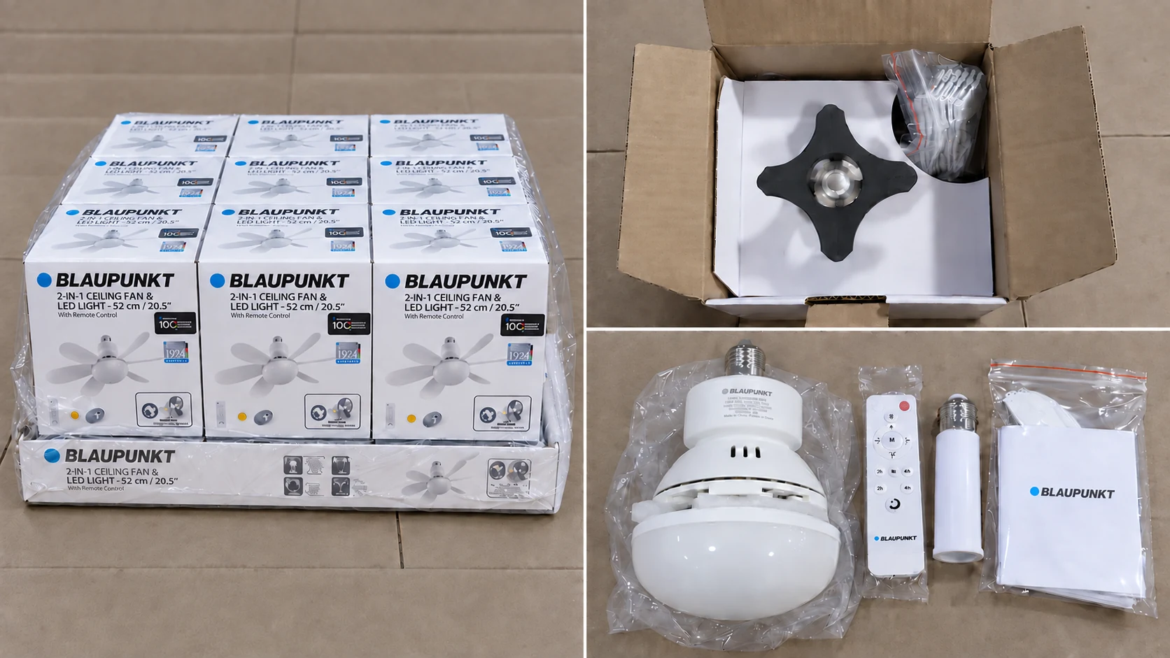 Edited composite showing shrink-wrapped PDQ packaging, inner carton protection and a white E27 fan light with accessories