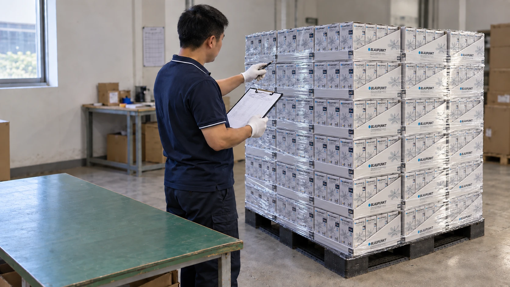 Edited packing scene showing a worker checking a wrapped pallet of retail cartons and white PDQ display trays against a quantity sheet