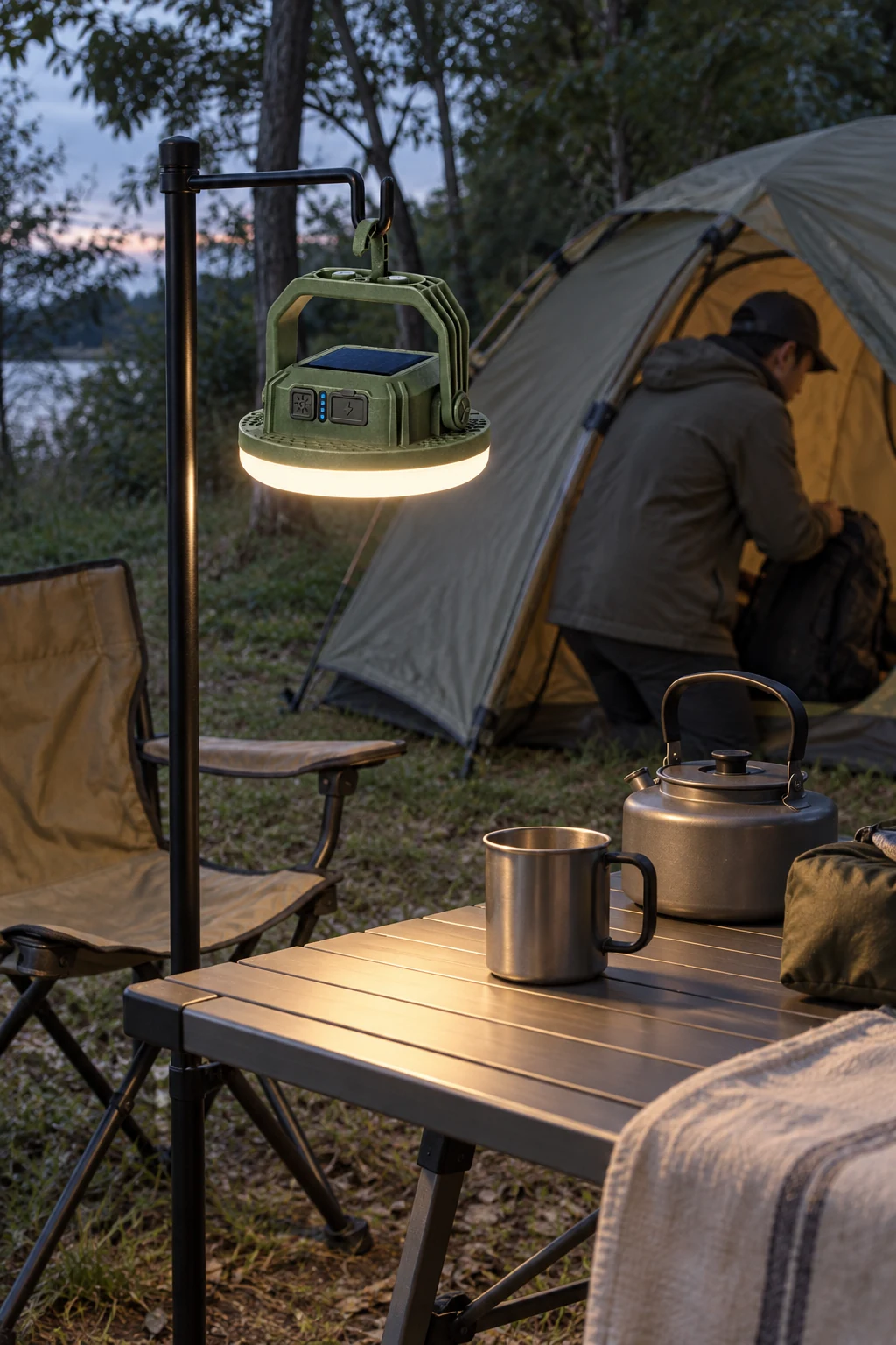 Green portable solar camping lamp illuminating a folding table beside a tent at dusk