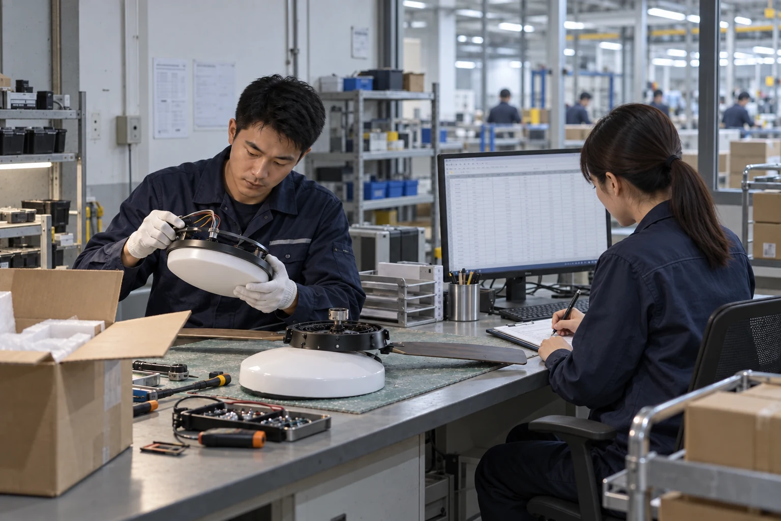 Two staff inspecting a round lighting unit and noting findings on a clipboard at a practical workshop bench