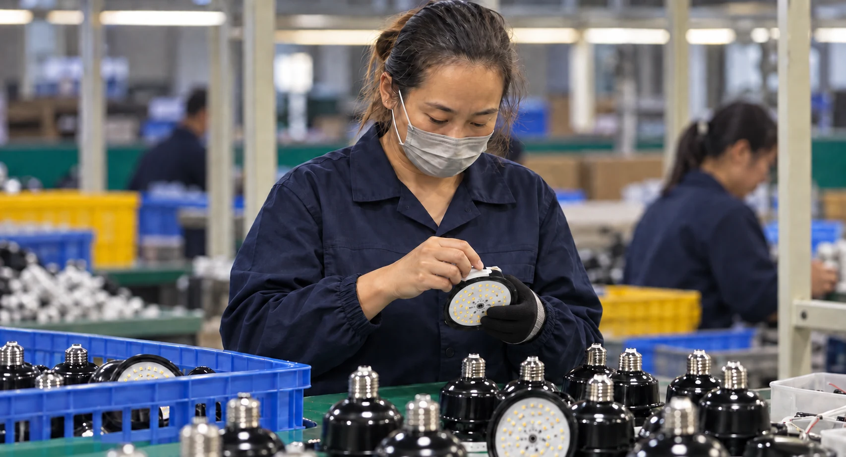 A masked worker in navy workwear concentrating on a small circular component beside E27 housings and LED boards