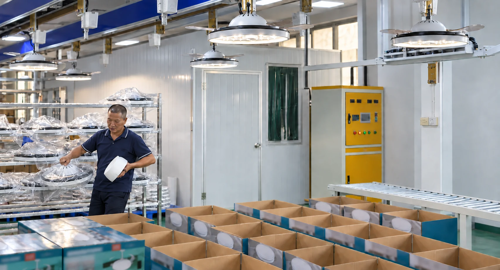 Worker in navy workwear handling a covered circular fan light and a packing insert beside open cartons and product racks