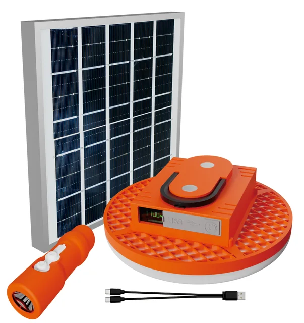 BLT-PSE-902 Solar Lighting Set: 1 Solar Panel + 2 Round Hanging Lamps + 1 Handheld Flashlight Combo Kit